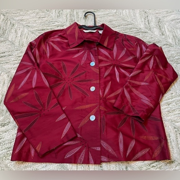 French Laundry 100% Silk (Raw) Embroidered Button Up 3/4 Sleeve Blouse - Picture 1 of 7